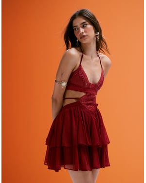 ASOS DESIGN crochet and faux suede bust cut out mini dress with tiered skirt in deep pink