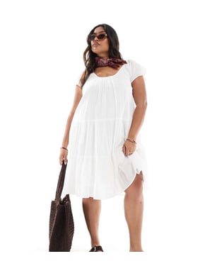 ONLY Curve scoop neck tiered boho midi dress in white