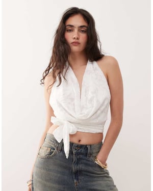 COLLUSION knitted plunge neck top in white