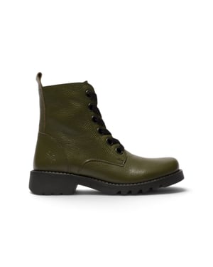 Fly London Dames leren veterenkellaarsjes met hak in militair groen - RAMY488