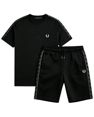 Fred Perry Men's Contrast Tape Ringer T-Shirt & Sweatshorts Tracksuit Set Black