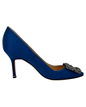 Manolo Blahnik Hangisi Embellished Pumps in Blue Satin