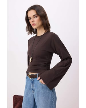 TRENDYOLMİLLA Dames Bruin Effen Lang Getailleerd Blouses