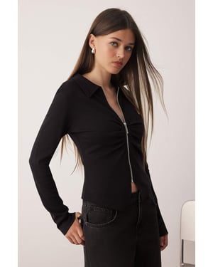TRENDYOLMİLLA Dames Zwart Effen Lang Getailleerd Blouses