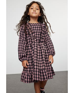 TRENDYOLKIDS Flickor Rosa Rutig Kort / Mini Lång Casual Rak Klänningar