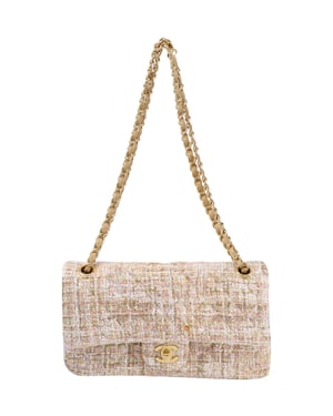 Chanel Classic Flap Shoulder Bag with Gold Tone Metal  in Pastel Pink Tweed and Leather