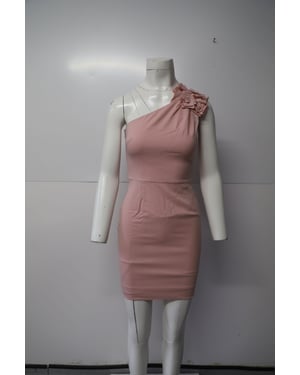 Valentino One Shoulder Rose Embellished Midi Dress in Light Pink Wool