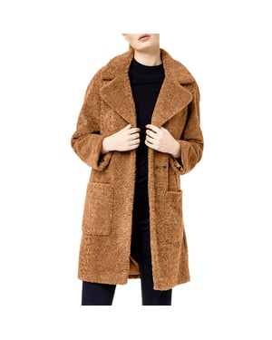 EX M&S Womens Overcoat Longline Faux Fur Camel Teddy Long Double Breasted Coat