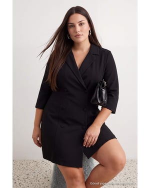 Trendyol Curve Dam Svart Enfärgad Kort / Mini Trekvartsärm A-linje Plus size Klänning