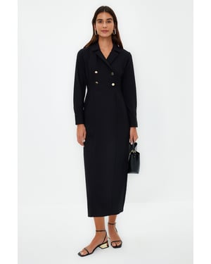 Trendyol Modest Dames Zwart Effen Maxi Driekwart mouw Casual Double-breasted Modest Jurken