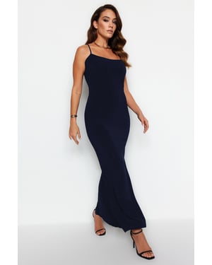 TRENDYOLMİLLA Dames Donkerblauw Effen Maxi Mouwloos Casual Zeemeermin Jurken
