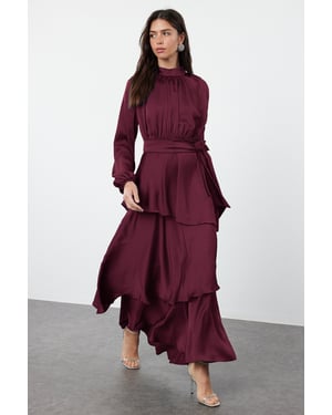 Trendyol Modest Dames Bruin Effen Maxi Lang Stijlvol/Avond Skater Modest Avond Jurken