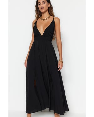 TRENDYOLMİLLA Dames Zwart Effen Maxi Mouwloos Strandkleding A-lijn Strandjurken