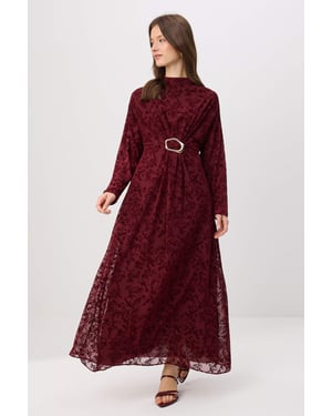 Trendyol Modest Dames Bordeaux Bloemen Maxi Lang A-lijn Modest Avond Jurken