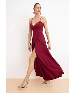 TRENDYOLMİLLA Dames Bordeaux Effen Maxi Mouwloos Diploma-uitreiking / Gala Double-breasted Avond & Gala Jurk