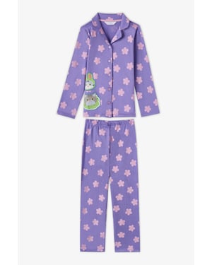 Girls' Feel Better Cat Print Cotton Buttoned Long Sleeve Shirt Trousers Pajama Set