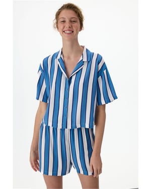 Vacation Striped Short Sleeve Shirt Shorts Pajama Set