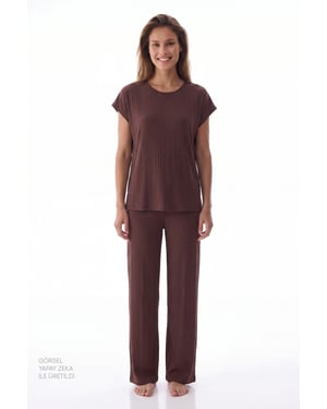Sleep Mode Ribbed Long Pajama Set With Short Sleeves