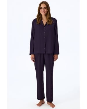 Midnight Satin Striped Long Sleeve Shirt Pants Pajama Set