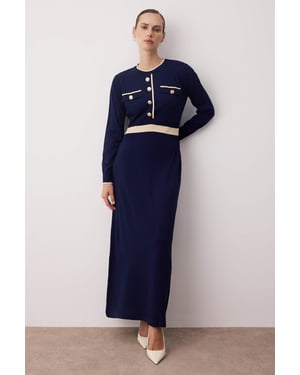 Trendyol Modest Dames Donkerblauw Colorblock Maxi Lang Casual Skater Modest Jurken