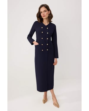 Trendyol Modest Dames Donkerblauw Effen Maxi Lang Zakelijk Double-breasted Modest Jurken