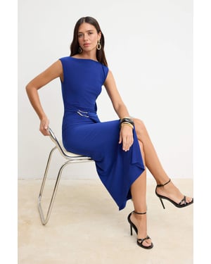 TRENDYOLMİLLA Dames Blauw Effen Maxi Mouwloos Stijlvol/Avond Bodycon Jurken