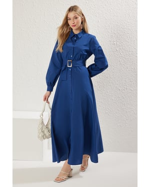 Trendyol Modest Dames Blauw Effen Maxi Lang Zakelijk Blousejurk Modest Jurken