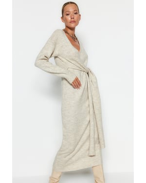 TRENDYOLMİLLA Dames Grijs Effen Midi Lang Casual Double-breasted Jurken