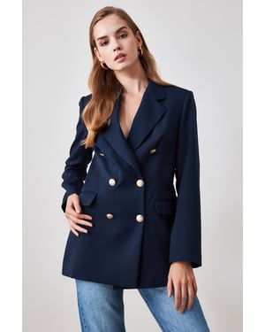 TRENDYOLMİLLA Dames Donkerblauw Effen Lang Oversized Blazers