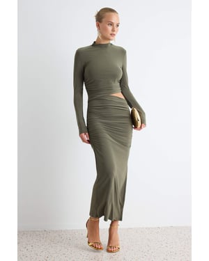 TRENDYOLMİLLA Dam Khaki Enfärgad Midi Lång Elegant/Kväll Rak Klänningar