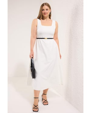 Trendyol Curve Dam Vit Enfärgad Midi Kort Elegant/Kväll Bodycon Plus size Klänning