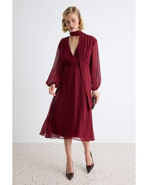 TRENDYOLMİLLA Dames Bordeaux Effen Midi Lang A-lijn Jurken