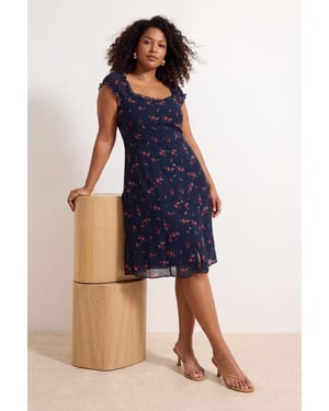 Trendyol Curve Dames Donkerblauw Bloemen Midi Kort Casual A-lijn Grote maten Jurk