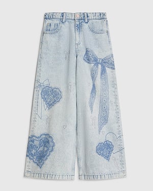 River Island Girls Wide Leg Jeans Blue Bow Etched Denim