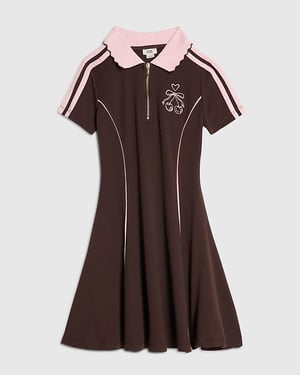 River Island Girls Polo Dress Brown Ribbed Zip Cherry Bow