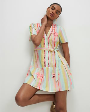 River Island Womens Shirt Mini Dress Pink Neon Cotton Striped Cutwork