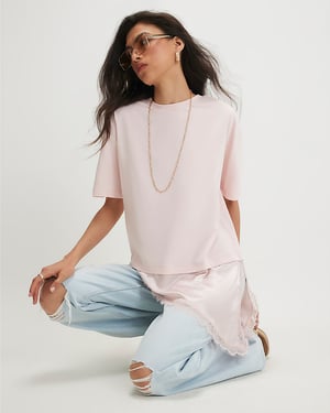 River Island Womens T-Shirt Pink Cotton Lace Hem Asymmetric