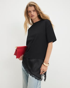 River Island Womens T-Shirt Black Cotton Lace Hem Asymmetric