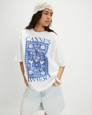River Island Womens T-Shirt White Cotton Cannes Graphic