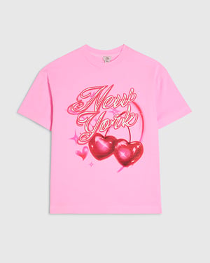 River Island Girls T-Shirt Pink Ny Cherry Airbrush Neon