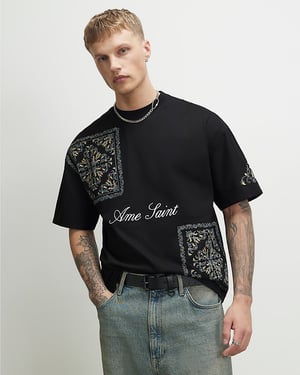 River Island Mens T-Shirt Black Cotton Ame Saint Midweight