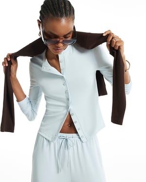River Island Womens Top Blue Soft Touch Long Sleeve Button