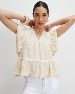 River Island Womens Blouse Beige Embroidered V-Neck