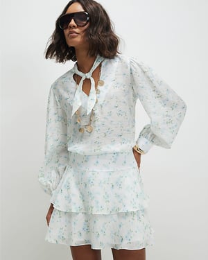 River Island Womens Blouse White Floral Pussybow Cuffed