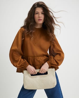 River Island Womens Smock Top Brown Long Sleeve Lace Detail
