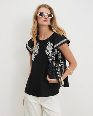 River Island Womens Blouse Black Applique Poplin Round Neck