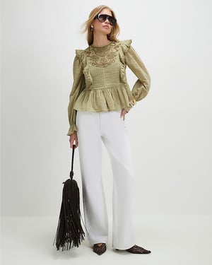 River Island Womens Blouse Khaki Cutwork Ruffle Pleated