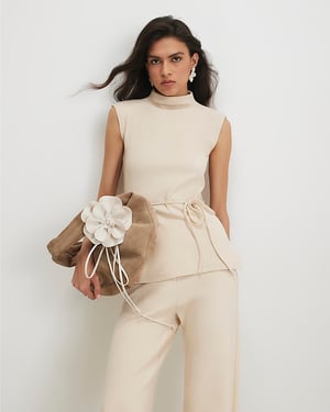 River Island Womens Top Beige Cotton Blend Textured Tie Belt