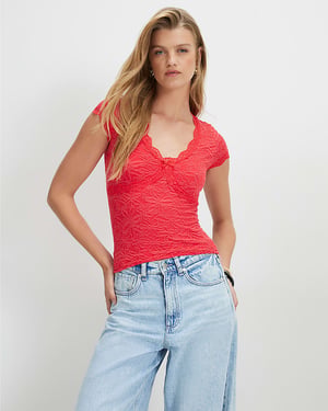 River Island Womens Top Red Cap Sleeve Textured Lace Trim
