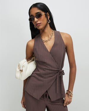 River Island Womens Top Brown Striped Soft Tie Front